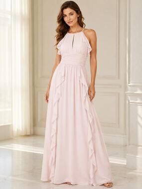 New Donna Morgan Skye Ruffles Cutaway Halter Pink Gown Women's Size 18